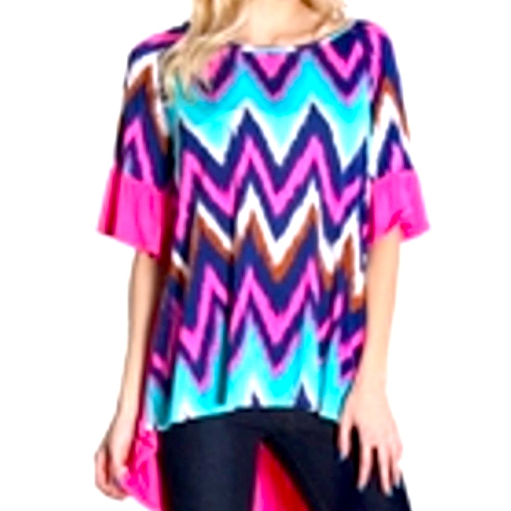 VOLL NEW LARGE Hi-Lo Bell Sleeve Pink Chevron PINK Pleated Blouse Tunic